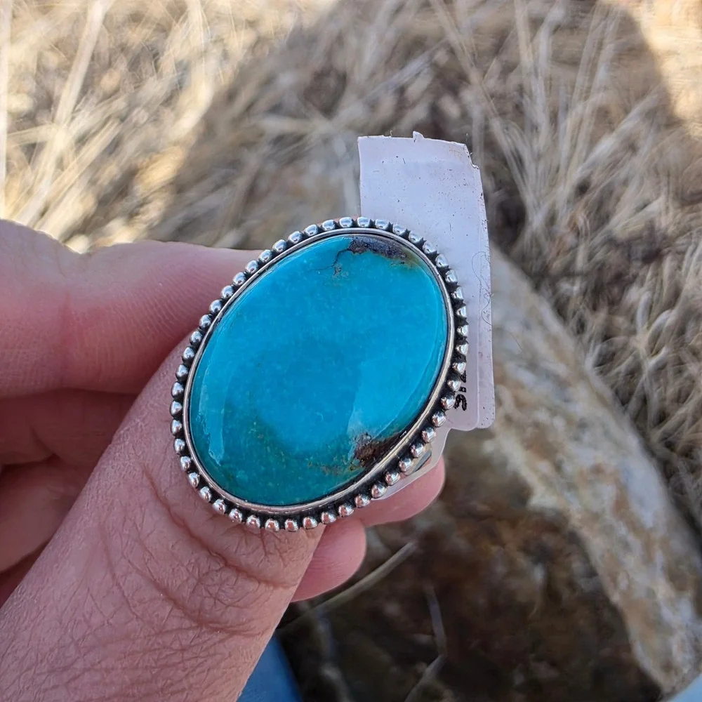 Arizona Turquoise Sterling Silver 925 Statement‎ Ring Size 9 Oval Beaded H034